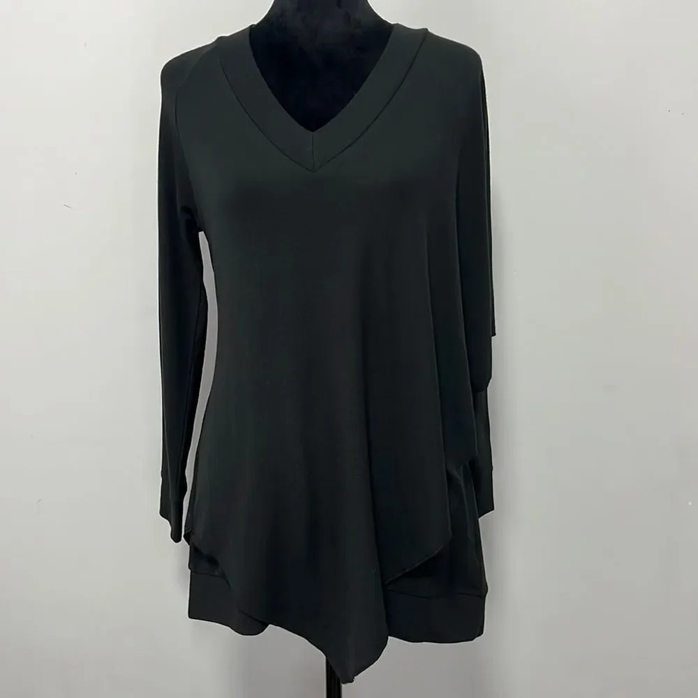 Soft Surroundings Black Long Sleeves V Neck Layered Asymmetrical Soft Top sizeXS